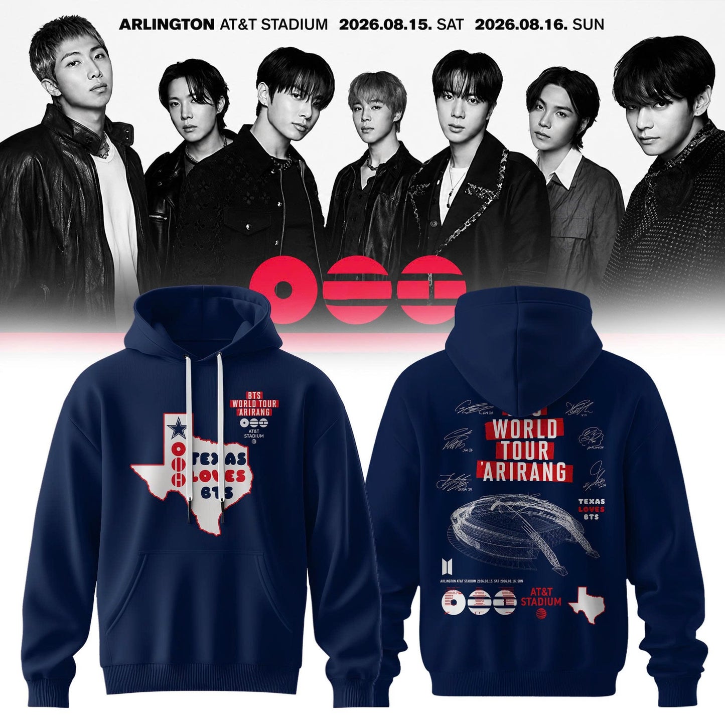 Texas Loves BTS | Dallas Cowboys x BTS WORLD TOUR ‘ARIRANG’ AT&T Stadium Hoodie- Navy
