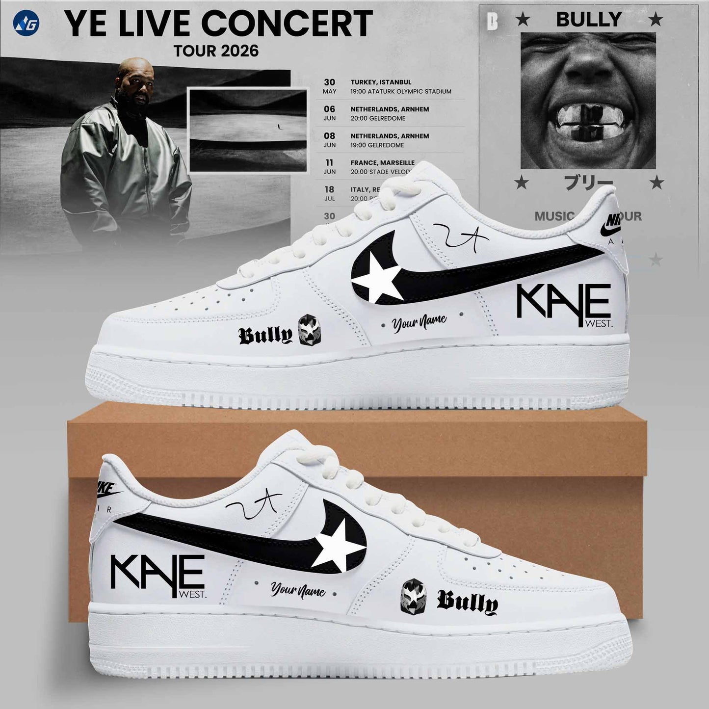 Bully Live Concert Tour 2026 Personalized 3D Custom Sneakers – White & Black Edition