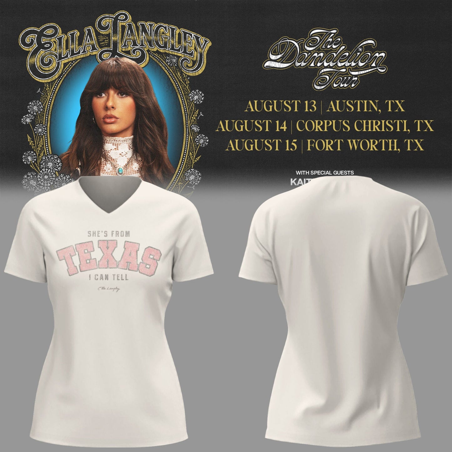 E.Langley “The Dandelion Tour” in Texas V-neck TShirt