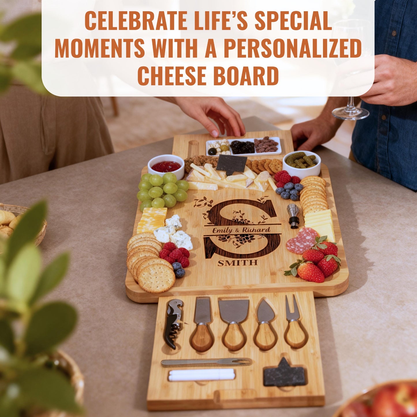 Engraved Bamboo Cheeseboard Set with Ceramic Bowl Set & Utensils - Personalized Charcuterie Board, Wedding Gift, Housewarming Gift