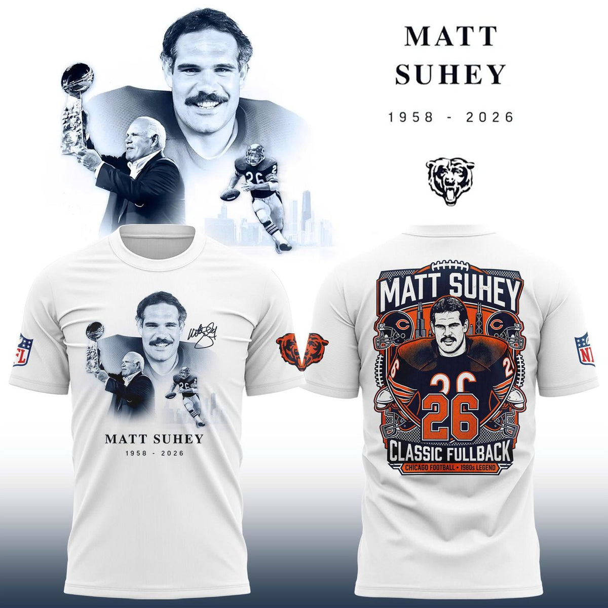 Matt Suhey Memorial T-Shirt - Chicago Bears Legend 1958-2026 Black Graphic Tee