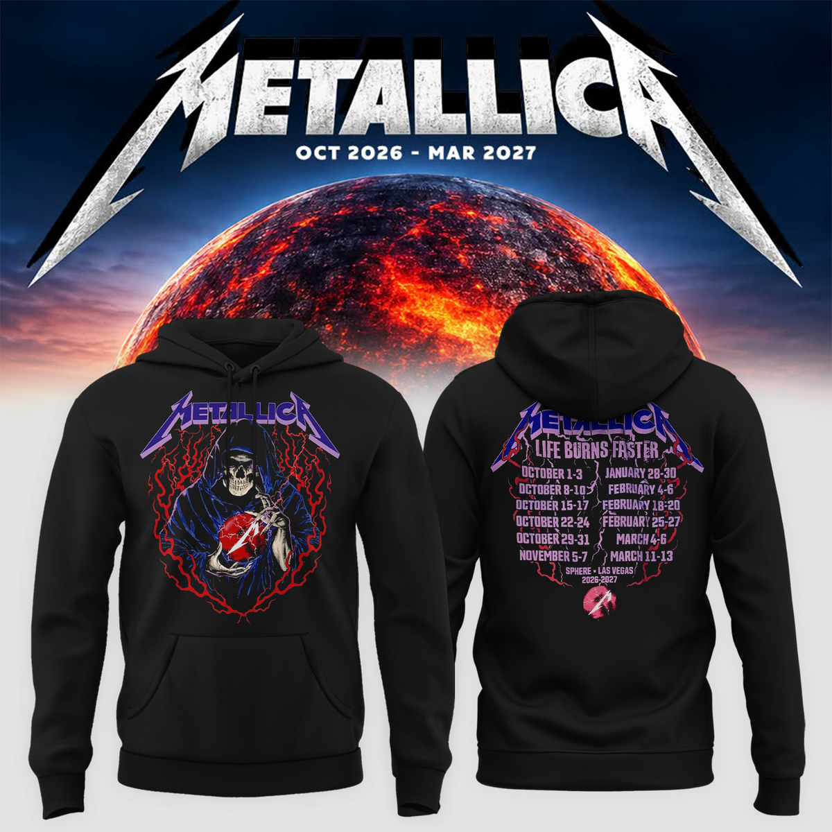 MTLC Life Burns Faster 2026 2027 Las Vegas Merch Tee Live At Sphere Tour Dates Skeleton Wizard Two Sided Hoodie