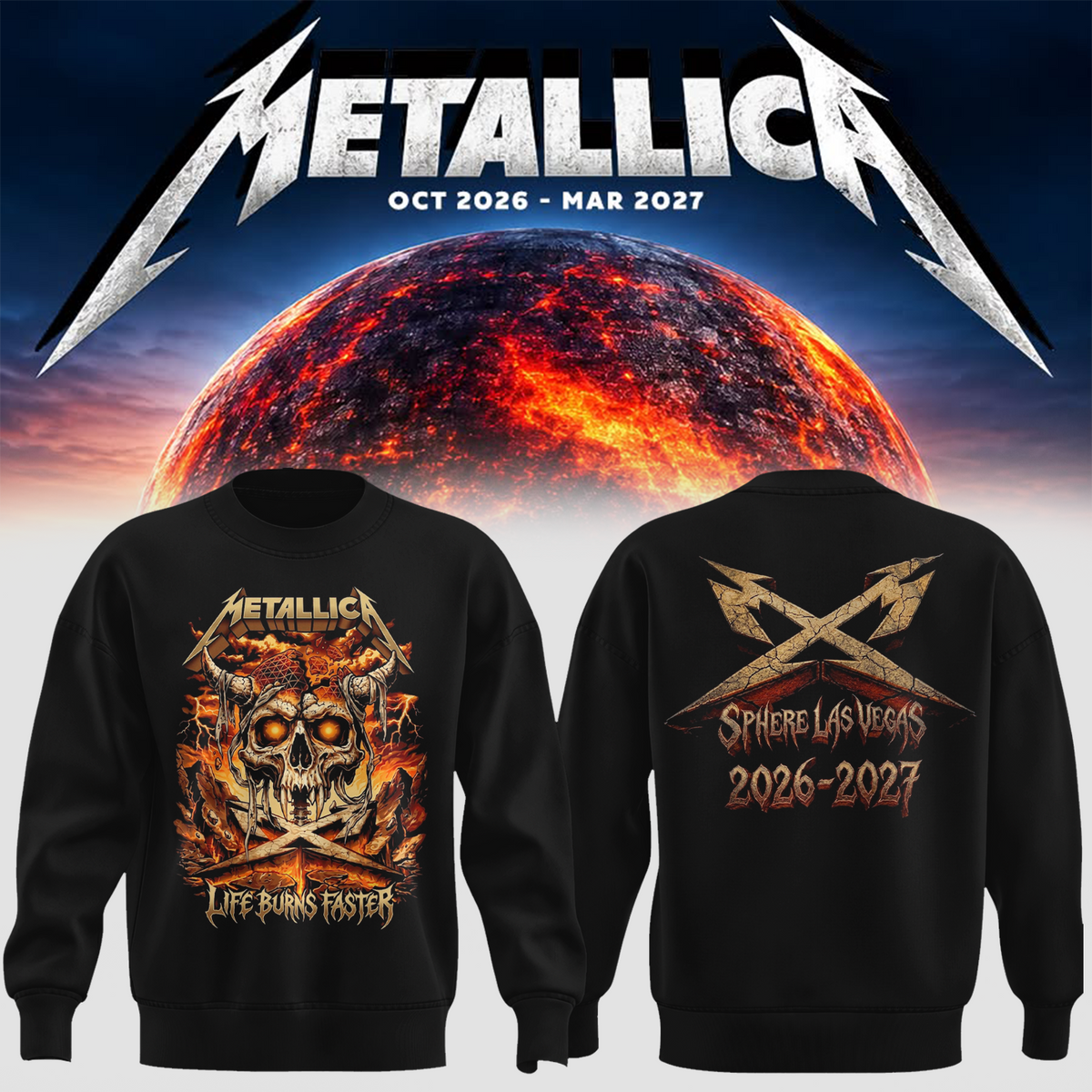 MTLC Life Burns Faster 2026 2027 Las Vegas Merch Tee Live At Sphere Tour Dates Skeleton Wizard Two Sided Sweater