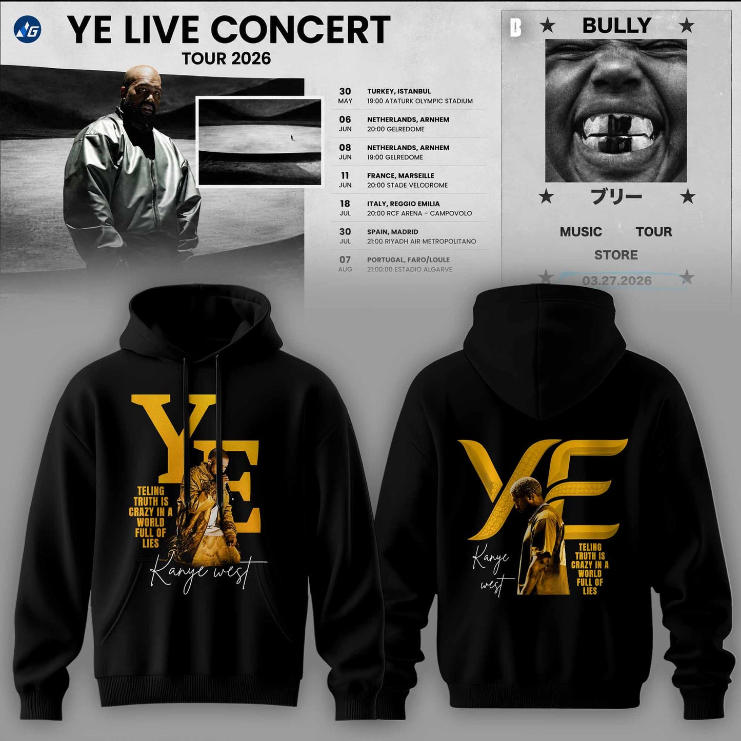 Bully Live Concert Tour 2026 Premium 3D Hoodie – Gold Edition