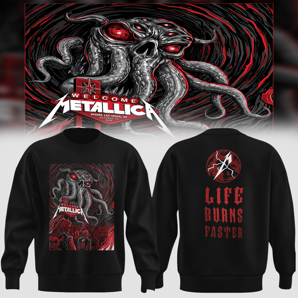MTLC Life Burns Faster Las Vegas 2026 Night 1 Venue Poster Live At Sphere October 1 2026 Ktulu Art Unisex Sweater