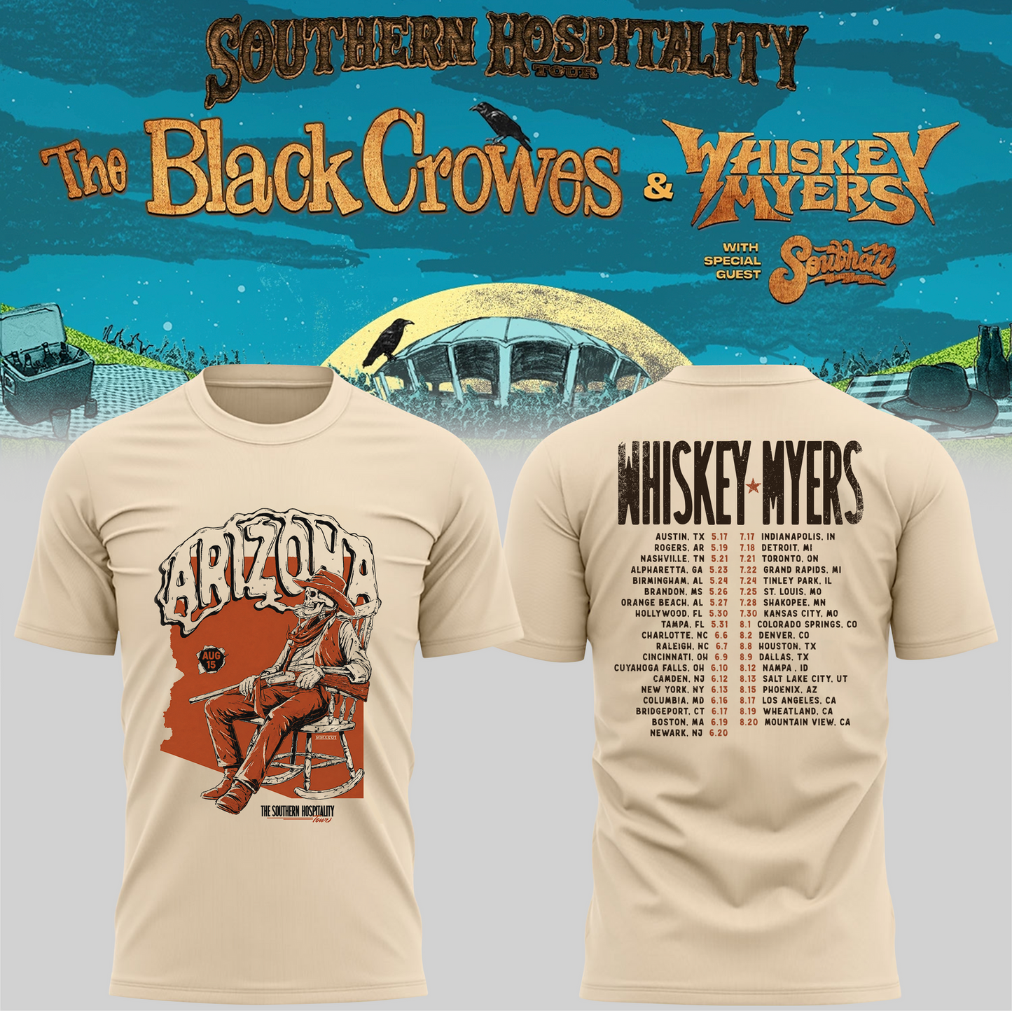 Limited Edition Whiskey Myers Southern Hospitality Tour In Arizona T-Shirt 1