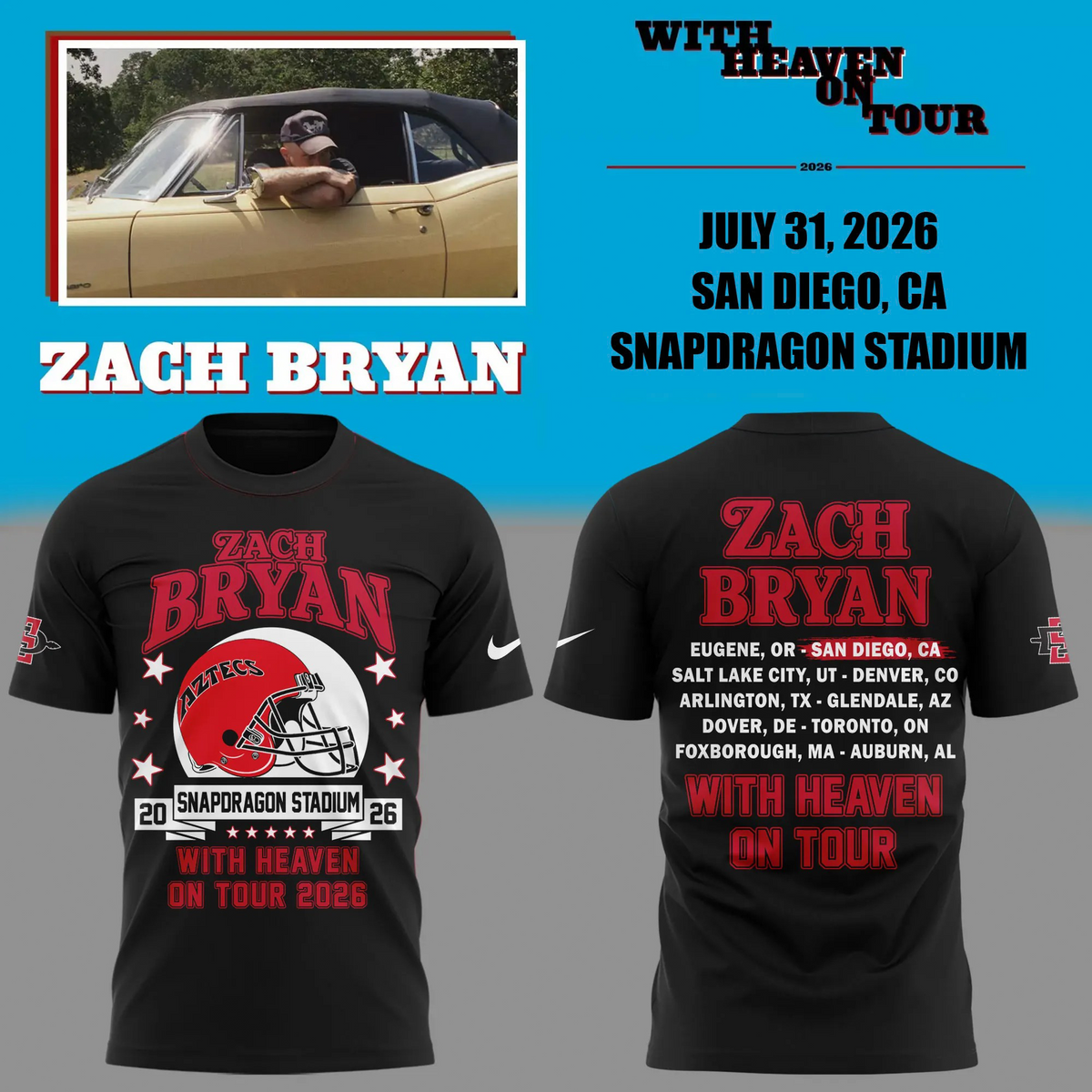 01. Zach Bryan x San Diego State Football - With Heaven On Tour 2026 T-Shirt