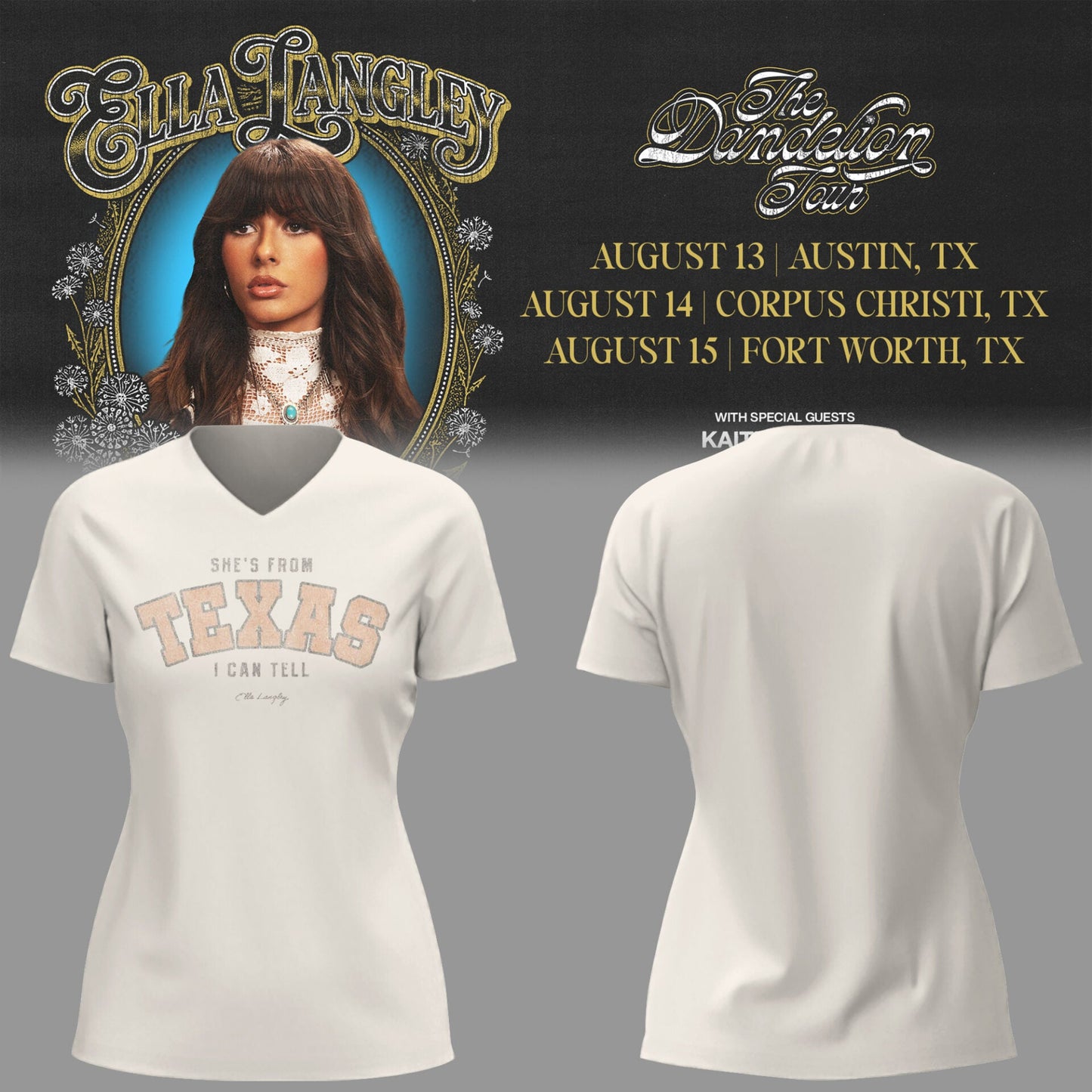 E.Langley “The Dandelion Tour” in Texas V-neck TShirt
