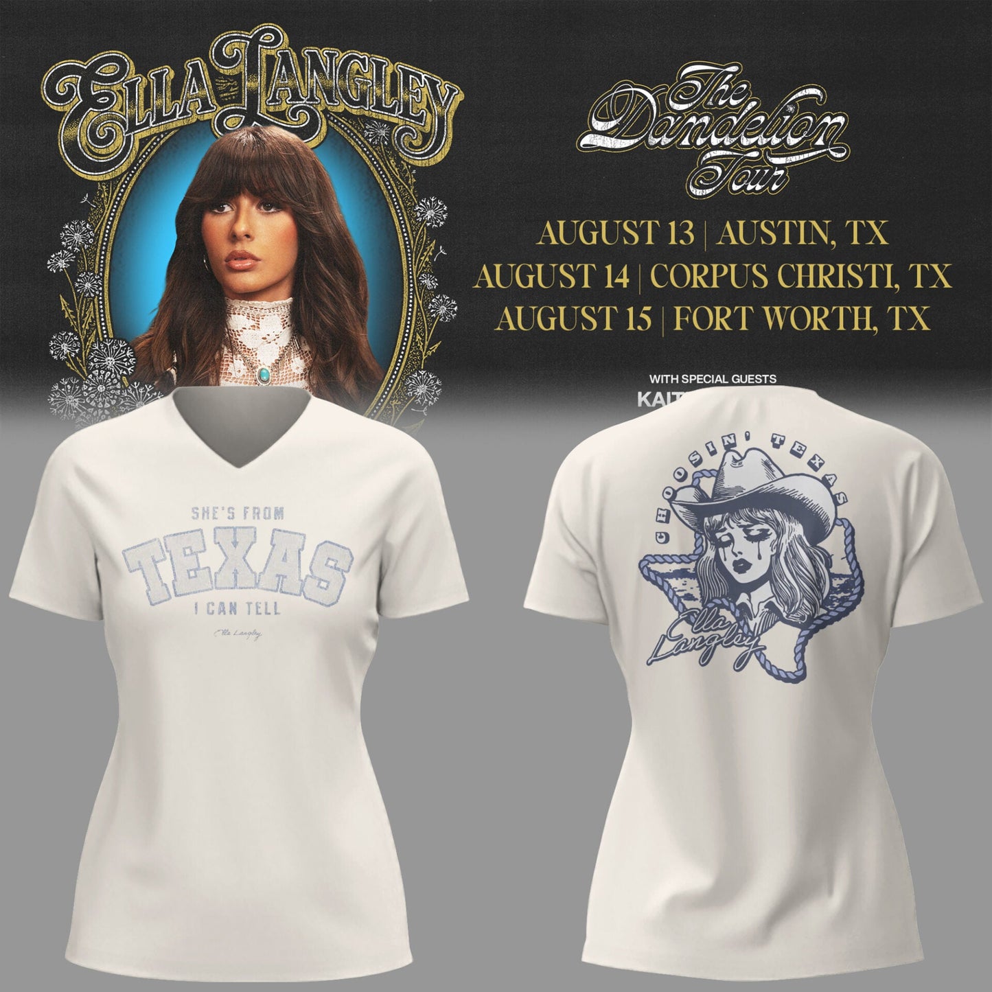 E.Langley “The Dandelion Tour” in Texas V-neck TShirt