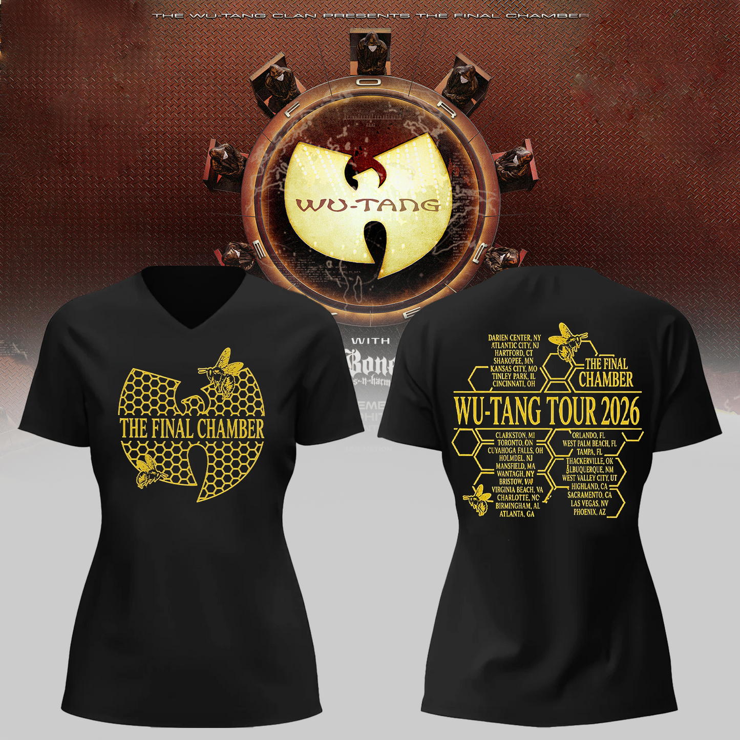 Wu-Tang Clan The Final Chamber Tour 2026 North America Merch Bee Comb V-neck