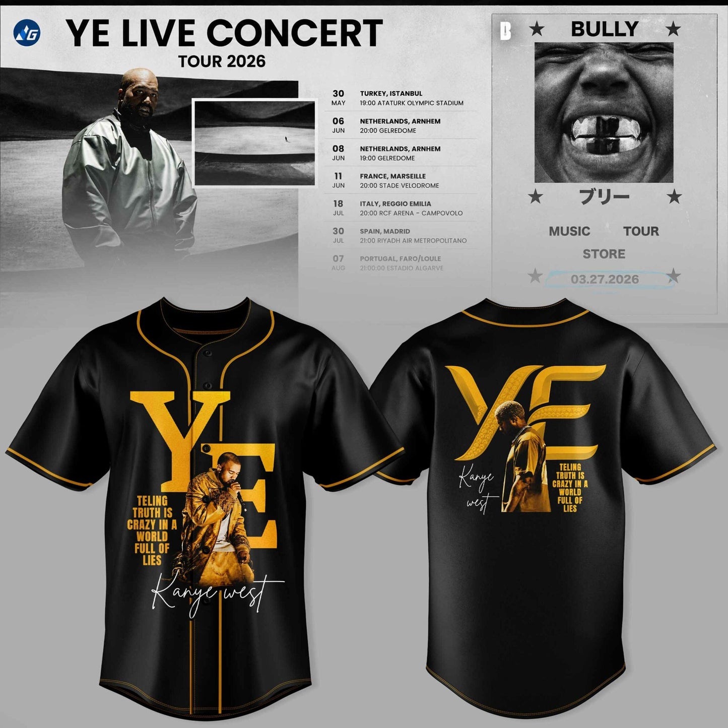 Bully Live Concert Tour 2026 Premium 3D Baseball Jersey – Gold Edition