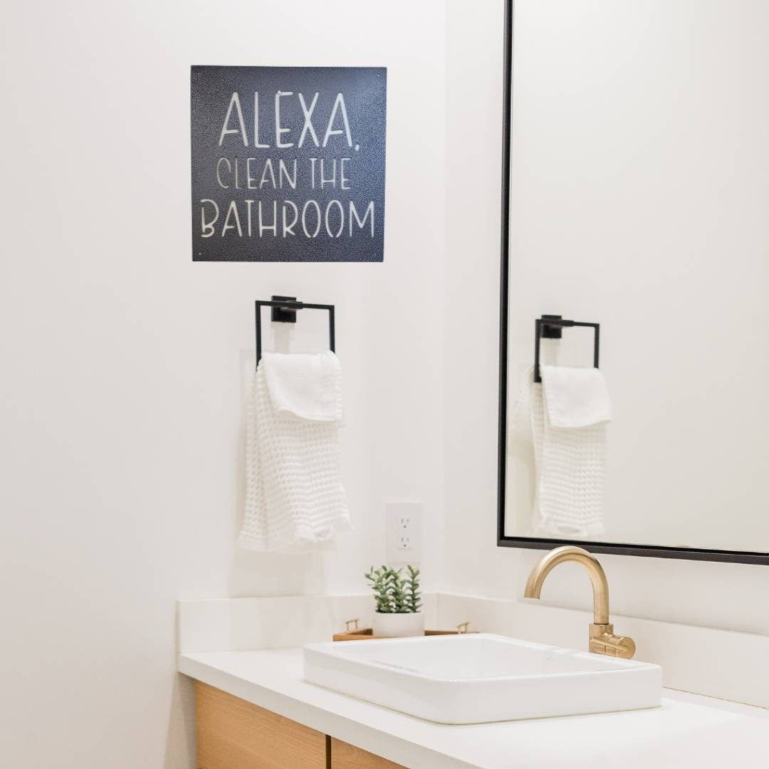 Alexa Clean The Bathroom Metal Sign, Funny Bathroom Sign, Funny Bathroom Wall Decor, Bathroom Wall Art