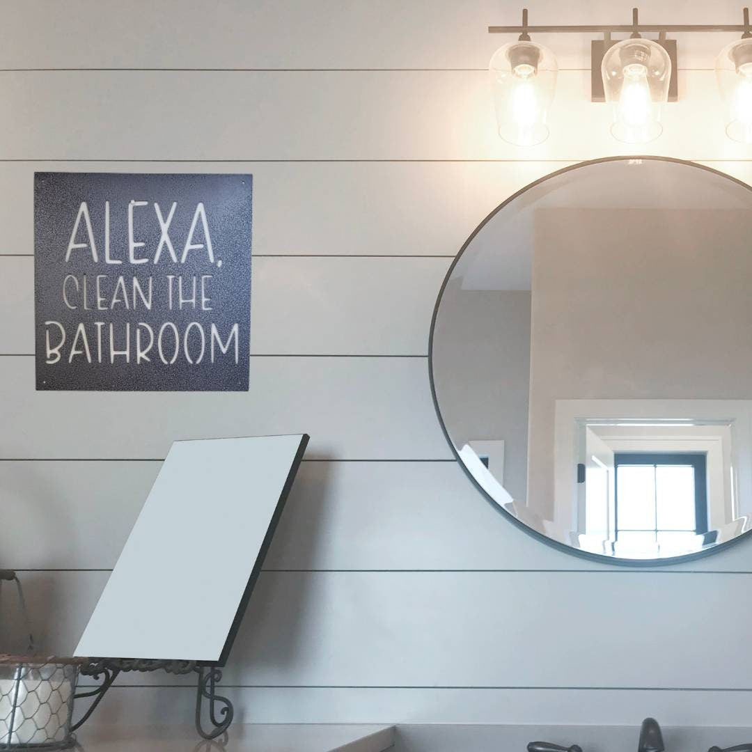 Alexa Clean The Bathroom Metal Sign, Funny Bathroom Sign, Funny Bathroom Wall Decor, Bathroom Wall Art