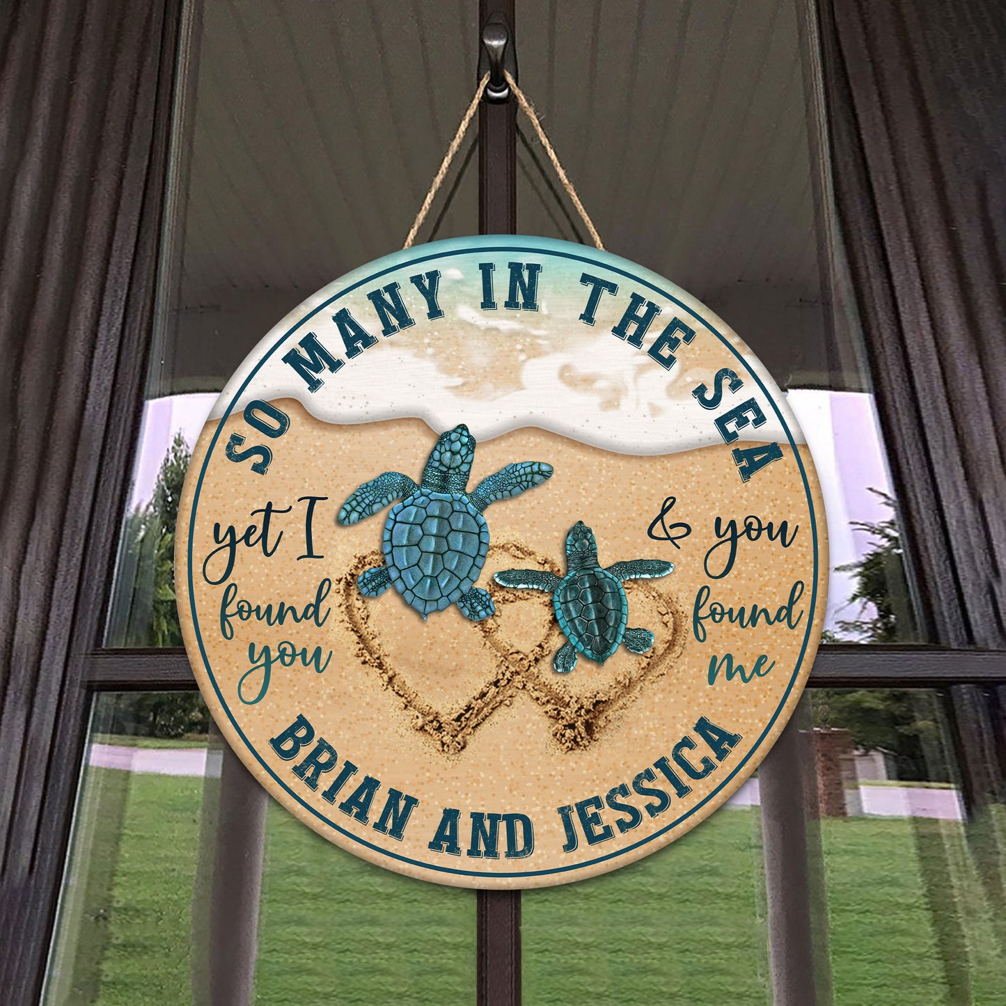 Personalized Couple Turtle Wooden Sign, Gifts For Lover Him Her Husband Wife On Valentines Holiday, Round Wooden Sign, Sea Turtle Wood Sign