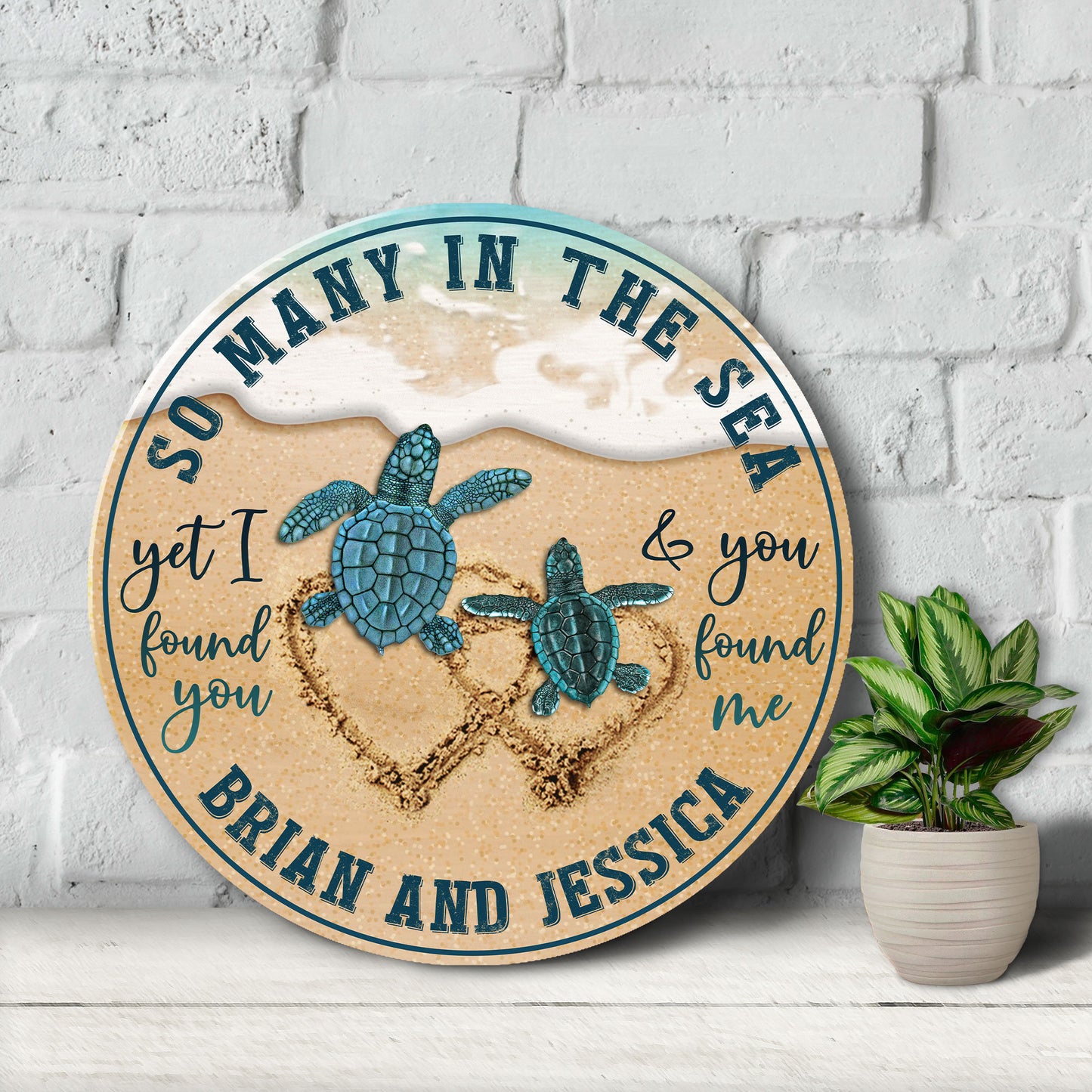 Personalized Couple Turtle Wooden Sign, Gifts For Lover Him Her Husband Wife On Valentines Holiday, Round Wooden Sign, Sea Turtle Wood Sign