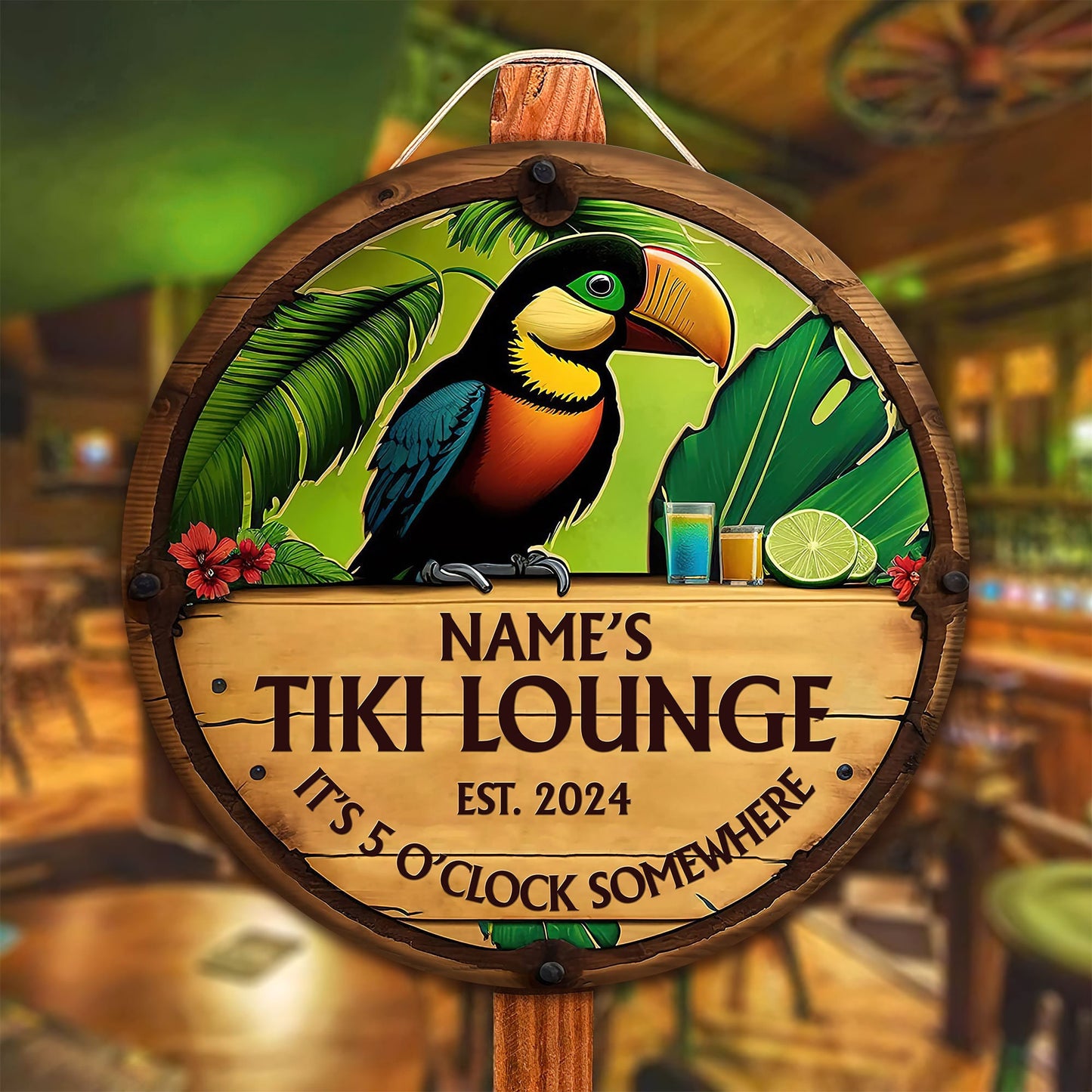 Personalized Tiki Lounge Wooden Sign: Backyard Bar Decor