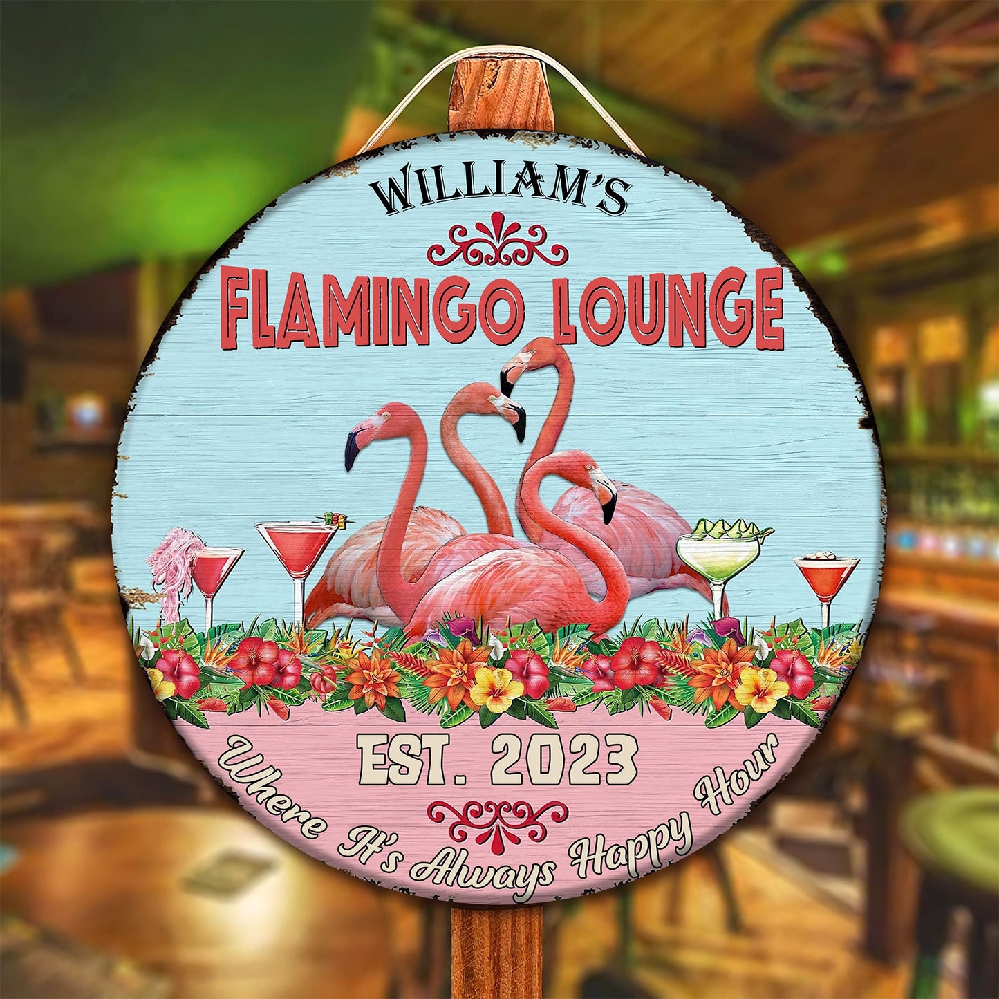 Personalized Flamingo Lounge Wooden Sign: Tiki Bar Decor