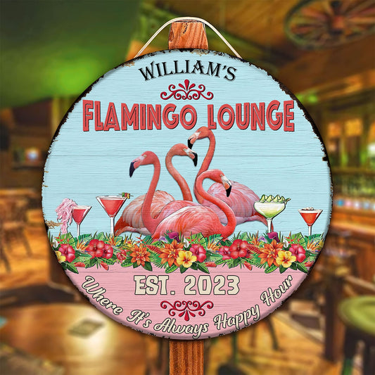 Personalized Flamingo Lounge Wooden Sign: Tiki Bar Decor
