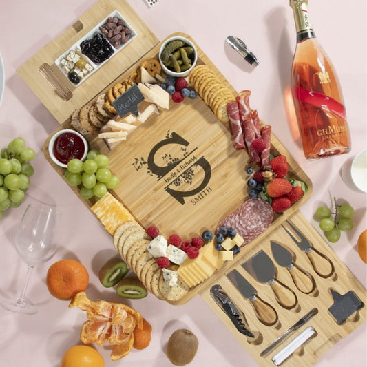 Personalized Bamboo Charcuterie Board Set, Engraved Cheese Board with Utensils and Ceramic Bowls, Family Gift for Christmas