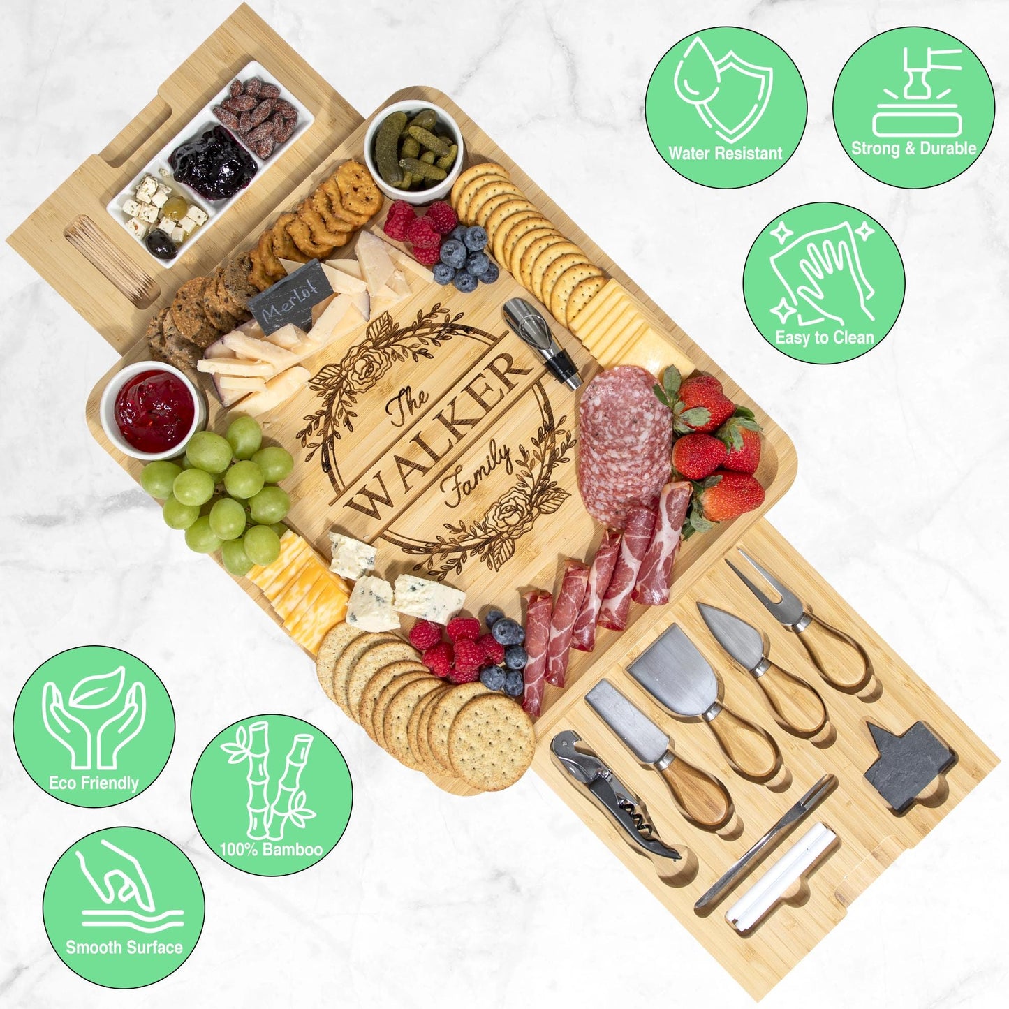 Personalized Bamboo Charcuterie Board Set, Engraved Cheese Board with Utensils and Ceramic Bowls, Family Gift for Christmas