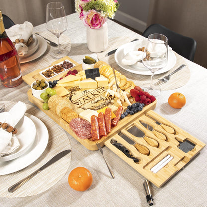 Personalized Bamboo Charcuterie Board Set, Engraved Cheese Board with Utensils and Ceramic Bowls, Family Gift for Christmas