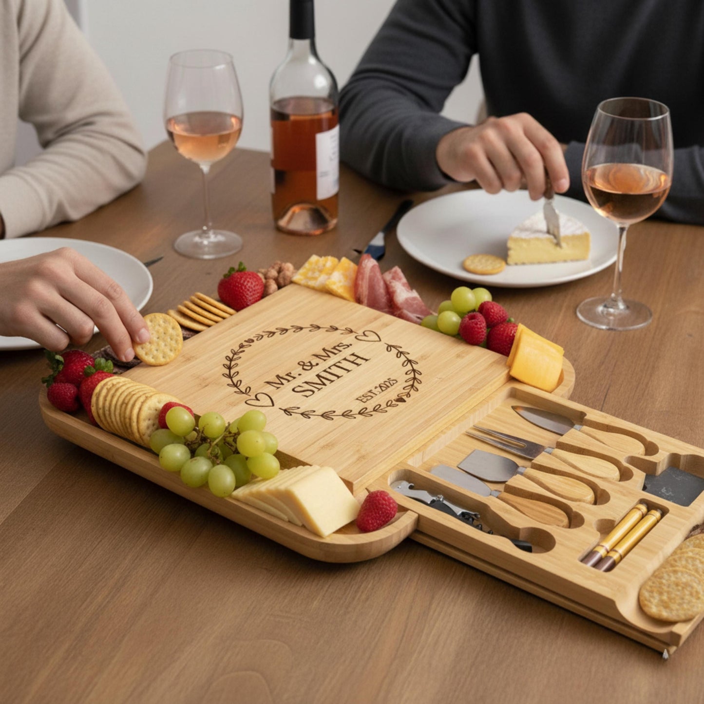 Personalized Bamboo Cheese Board, Custom Engraved Charcuterie Board, Holiday & Christmas Gift for Couples and Families
