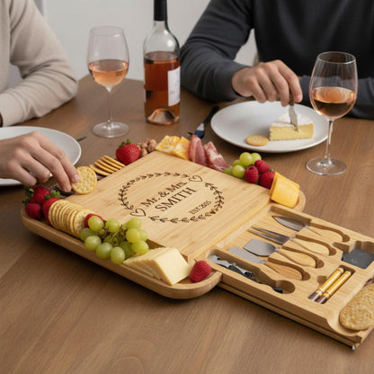 First Home Gift Personalized Charcuterie Board Set, Engraved Bamboo Cheese Board with Drawer, New House Celebration, Custom Kitchen Board