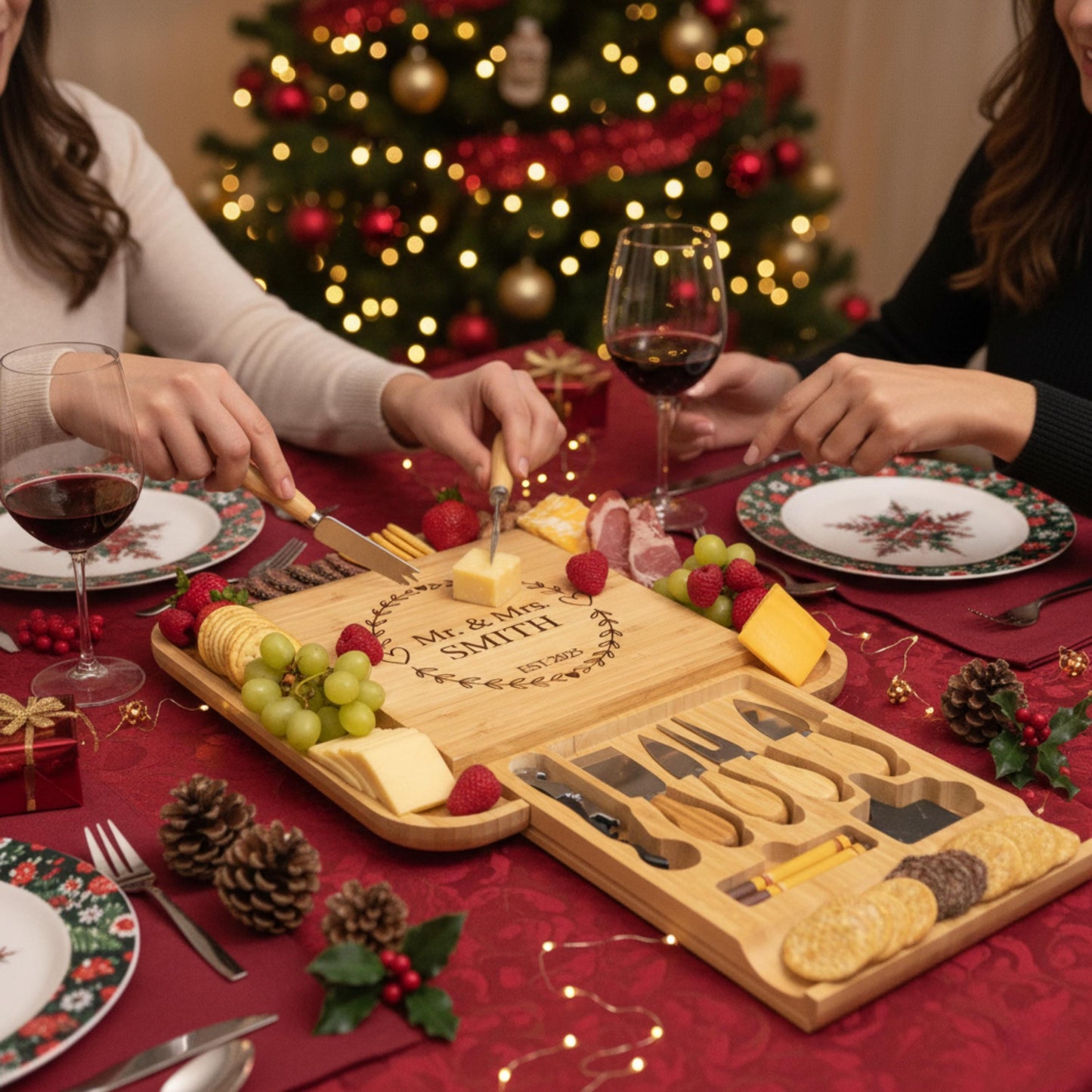Personalized Bamboo Cheese Board, Custom Engraved Charcuterie Board, Holiday & Christmas Gift for Couples and Families