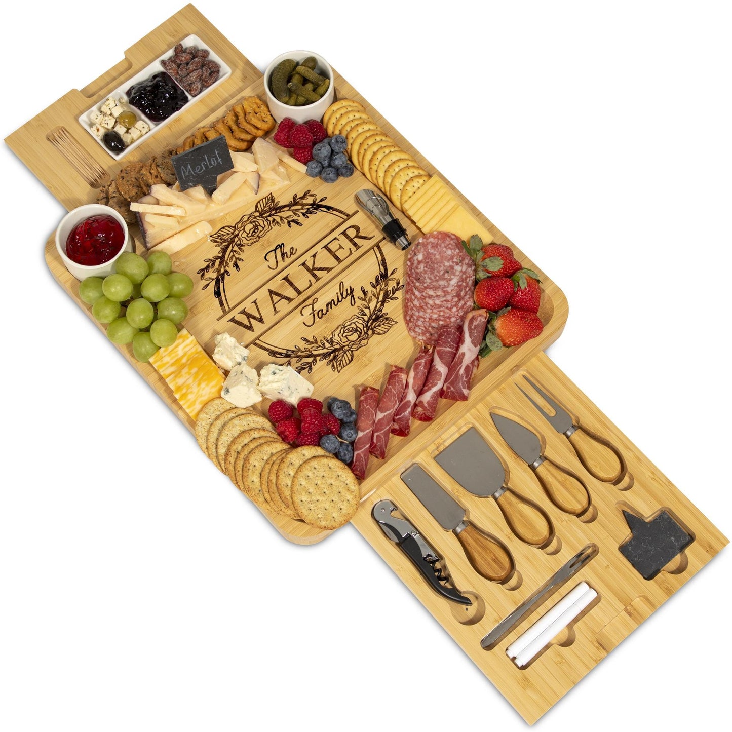 Personalized Bamboo Charcuterie Board Set, Engraved Cheese Board with Utensils and Ceramic Bowls, Family Gift for Christmas