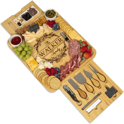 Personalized Bamboo Charcuterie Board Set, Engraved Cheese Board with Utensils and Ceramic Bowls, Family Gift for Christmas