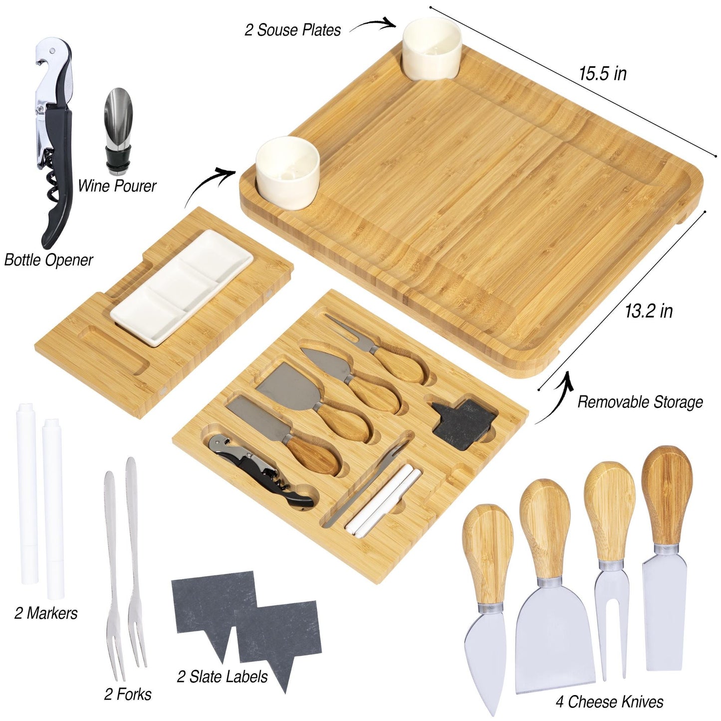 Personalized Bamboo Charcuterie Board Set, Engraved Cheese Board with Utensils and Ceramic Bowls, Family Gift for Christmas