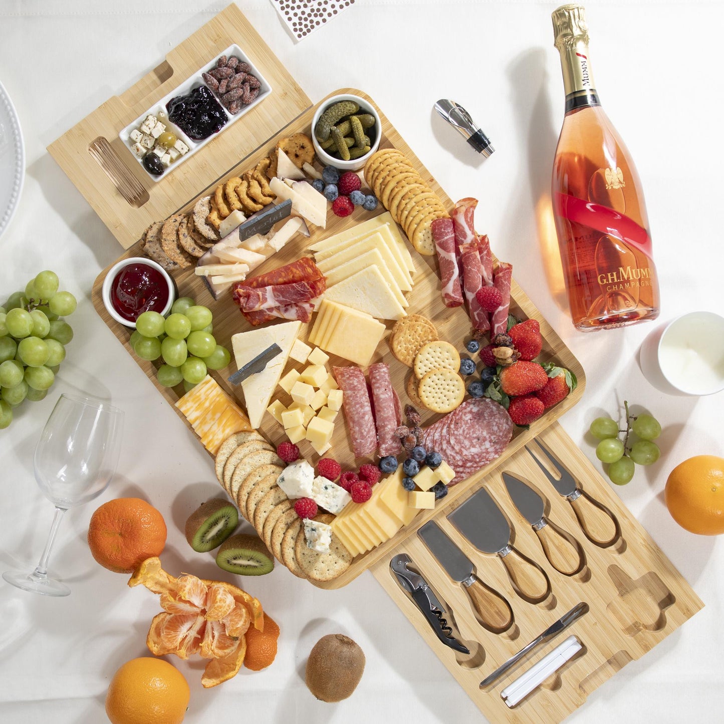 Personalized Bamboo Charcuterie Board Set, Engraved Cheese Board with Utensils and Ceramic Bowls, Family Gift for Christmas