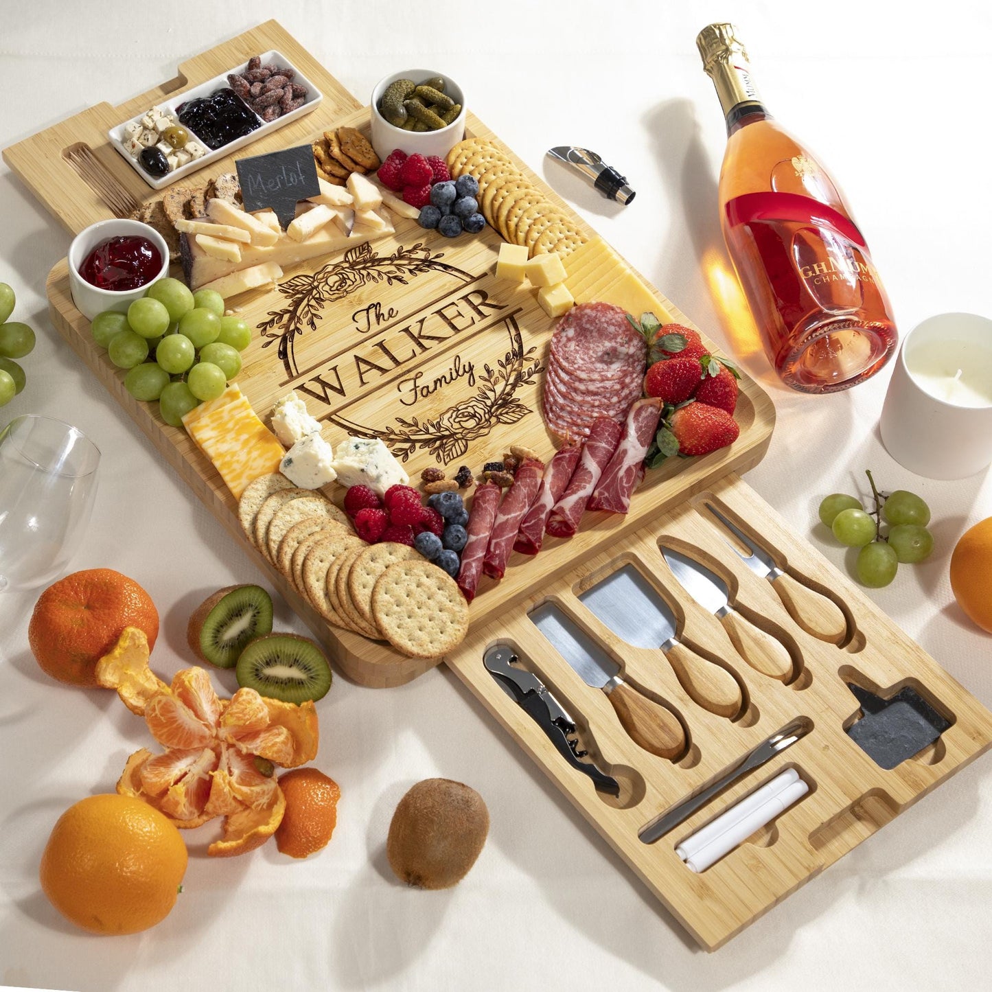 Personalized Bamboo Charcuterie Board Set, Engraved Cheese Board with Utensils and Ceramic Bowls, Family Gift for Christmas
