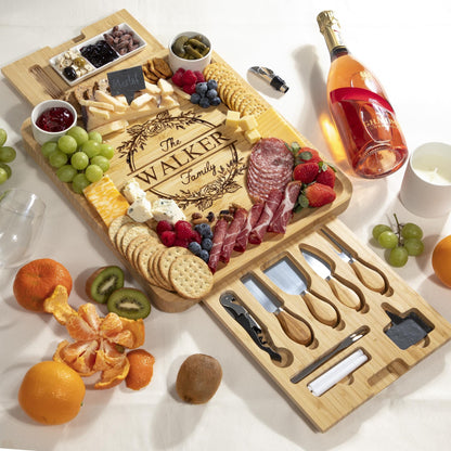 Personalized Bamboo Charcuterie Board Set, Engraved Cheese Board with Utensils and Ceramic Bowls, Family Gift for Christmas