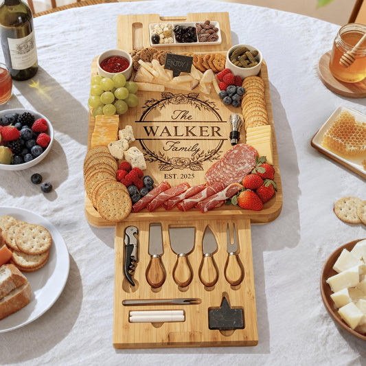 Engraved Bamboo Cheeseboard Set with Ceramic Bowl Set & Utensils - Personalized Charcuterie Board, Wedding Gift, Housewarming Gift