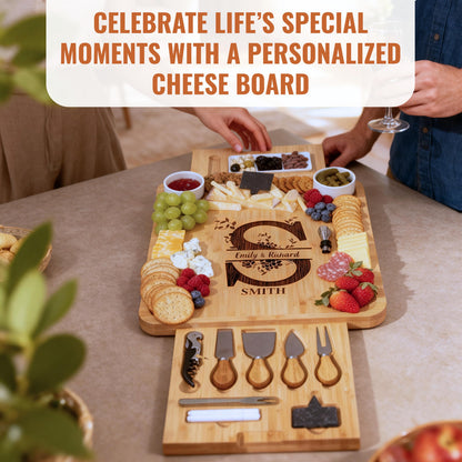 Engraved Bamboo Cheeseboard Set with Ceramic Bowl Set & Utensils - Personalized Charcuterie Board, Wedding Gift, Housewarming Gift