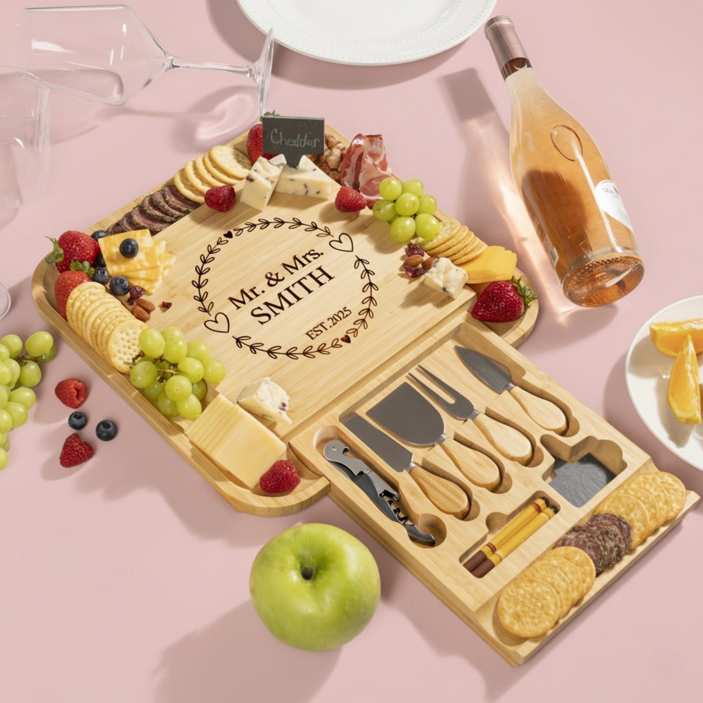 First Home Gift Personalized Charcuterie Board Set, Engraved Bamboo Cheese Board with Drawer, New House Celebration, Custom Kitchen Board
