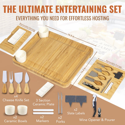 Engraved Bamboo Cheeseboard Set with Ceramic Bowl Set & Utensils - Personalized Charcuterie Board, Wedding Gift, Housewarming Gift