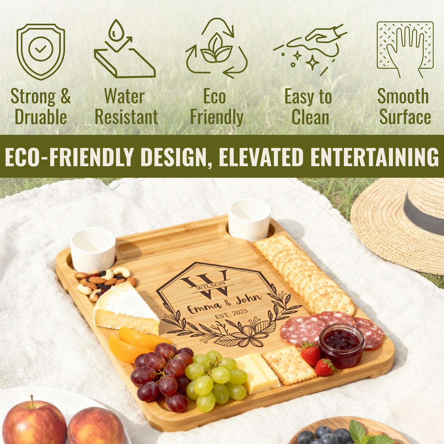Engraved Bamboo Cheeseboard Set with Ceramic Bowl Set & Utensils - Personalized Charcuterie Board, Wedding Gift, Housewarming Gift