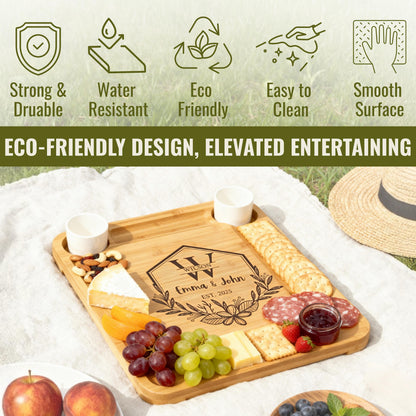 Engraved Bamboo Cheeseboard Set with Ceramic Bowl Set & Utensils - Personalized Charcuterie Board, Wedding Gift, Housewarming Gift