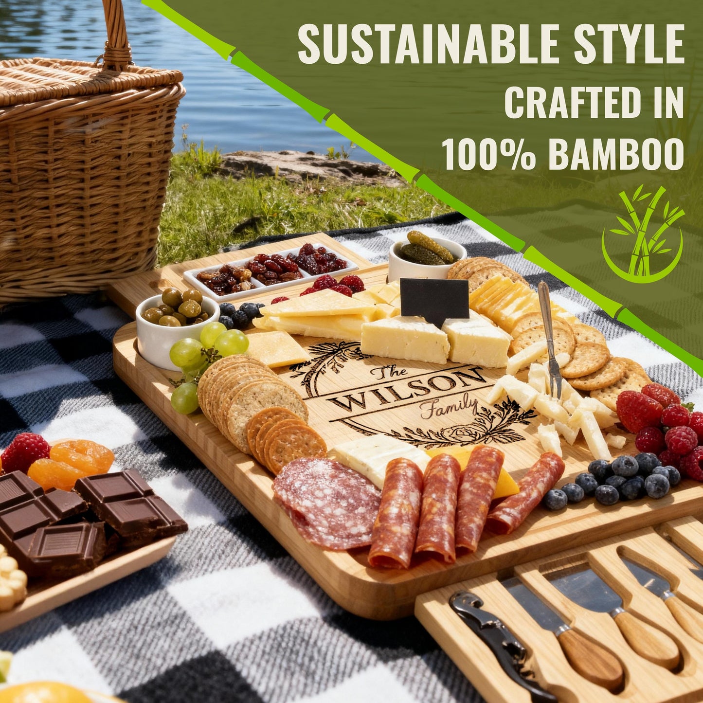 Engraved Bamboo Cheeseboard Set with Ceramic Bowl Set & Utensils - Personalized Charcuterie Board, Wedding Gift, Housewarming Gift