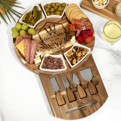 Personalized Acacia Charcuterie Board Housewarming Gift, Engraved Cheese Board Set, Custom Family Name Serving Board, New Home Gift Idea