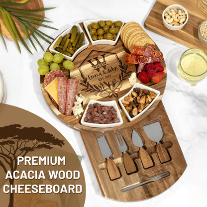Personalized Acacia Charcuterie Board Housewarming Gift, Engraved Cheese Board Set, Custom Family Name Serving Board, New Home Gift Idea