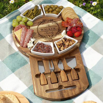 Personalized Acacia Charcuterie Board Housewarming Gift, Engraved Cheese Board Set, Custom Family Name Serving Board, New Home Gift Idea