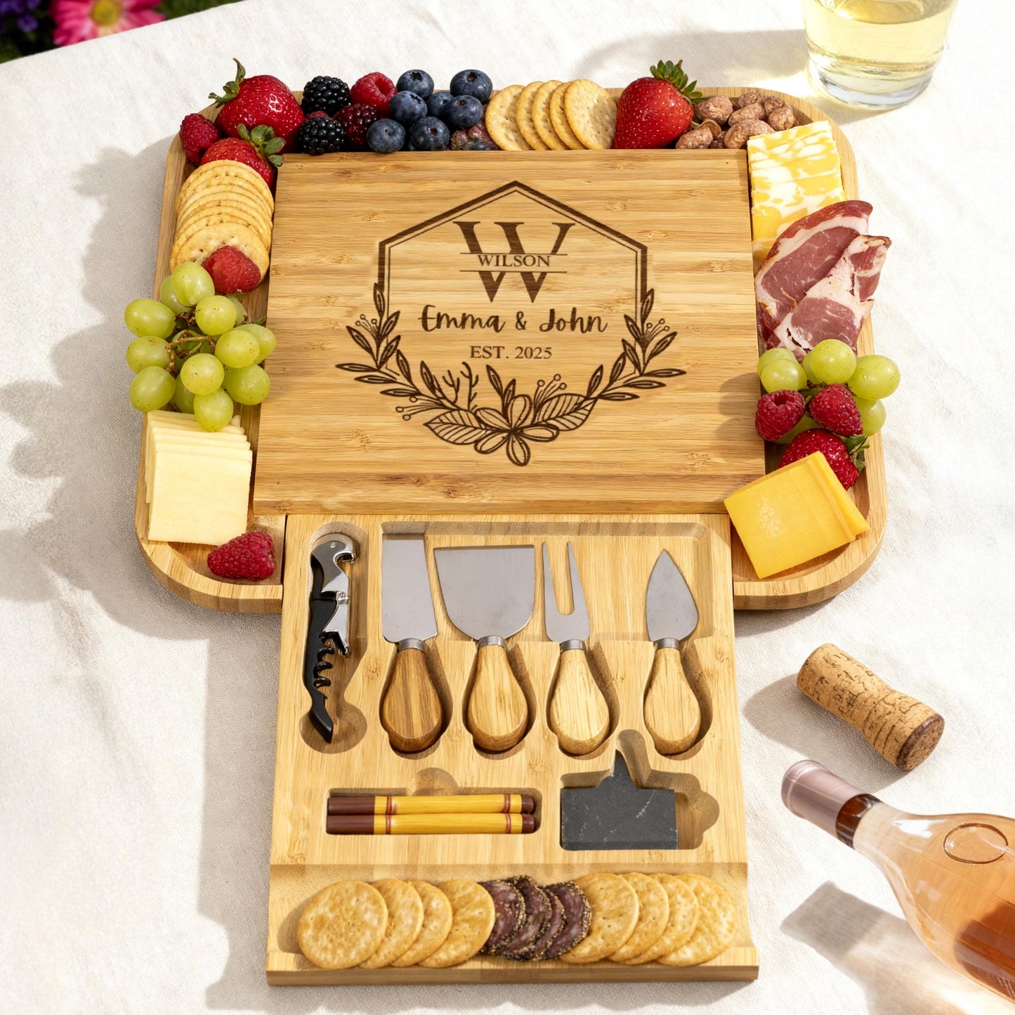 First Home Gift Personalized Charcuterie Board Set, Engraved Bamboo Cheese Board with Drawer, New House Celebration, Custom Kitchen Board