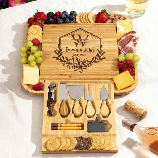 Personalized Charcuterie Board Set with Drawer, Custom Engraved Wedding Gift for Couple, Bamboo Cheese Board & Knife Set, Housewarming Gift