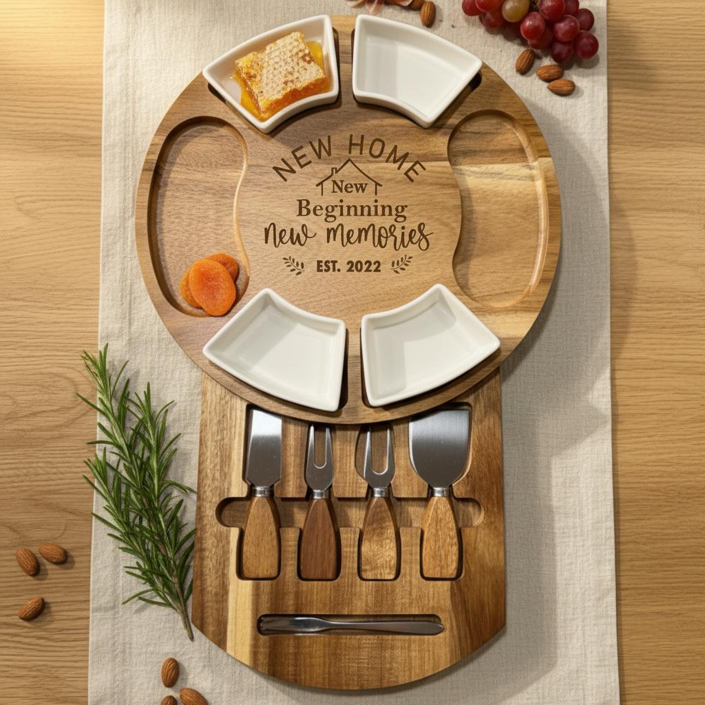 Personalized Home Sweet Home Charcuterie Board, Custom Engraved Wedding Gift, Housewarming, Anniversary, Unique Cheese Board with Knives