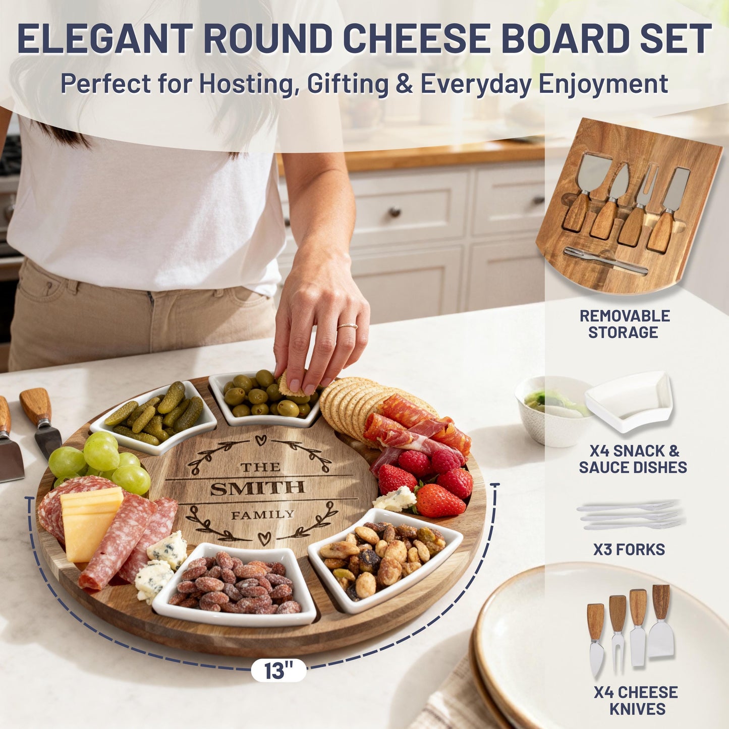 Personalized Acacia Wood Charcuterie Board Set,Serving Platter & Utensils, Housewarming, Wedding, Anniversary Gift, Engraved Cheese Board
