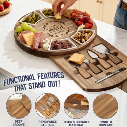 Personalized Acacia Wood Charcuterie Board Set,Serving Platter & Utensils, Housewarming, Wedding, Anniversary Gift, Engraved Cheese Board