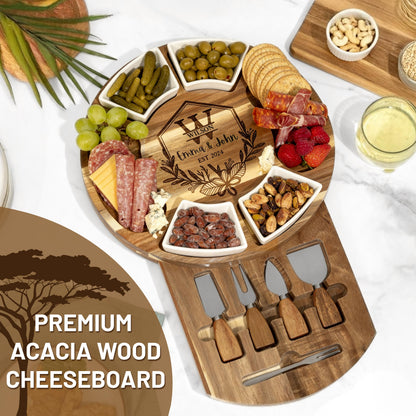Personalized Acacia Wood Charcuterie Board, Custom Cheese Board & Knife Set, Wedding Gift for Couple, Engraved 5th Anniversary Gift